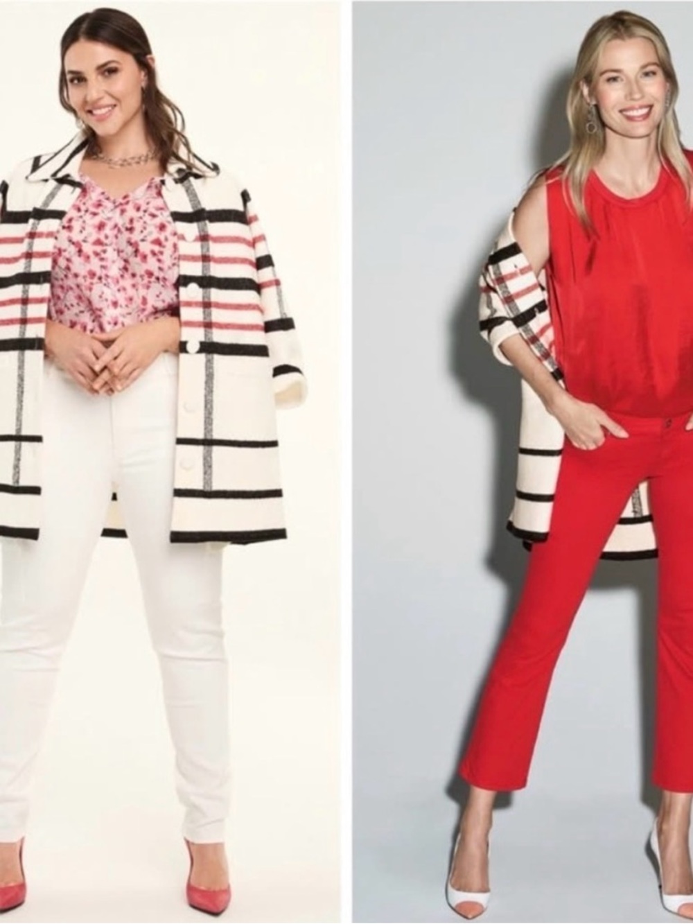 New CAbi Striped Knit Cardigan in White, Red & Black